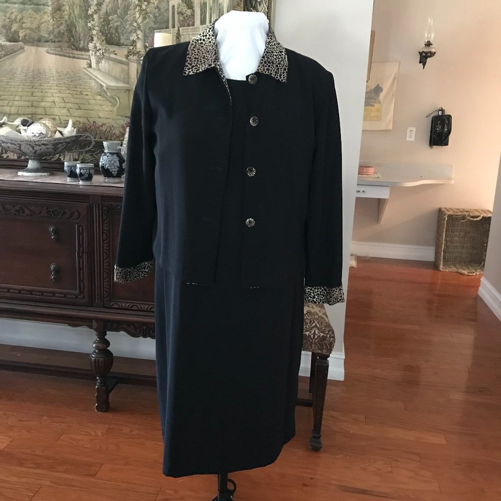 JONES OF DALLAS:   BLACK  DRESS AND JACKET WITH LEOPARD  PRINT  SIZE  18